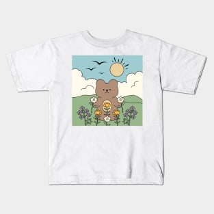 Cute Little Bear With Flowers Kids T-Shirt